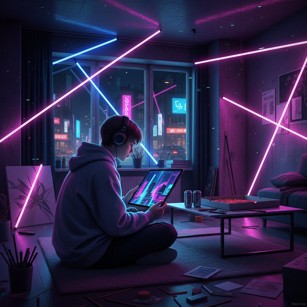 Młody polski artysta tworzący cyfrowy obraz na tablecie w nocnym, miejskim mieszkaniu; neonowe światła i intensywne kolory