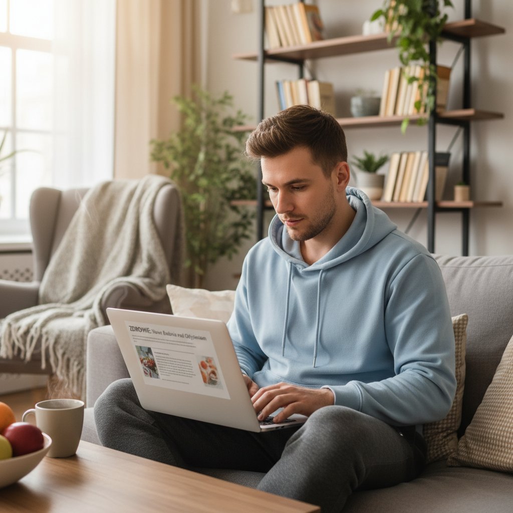 Młody Polak czytający artykuły zdrowotne na laptopie w domu