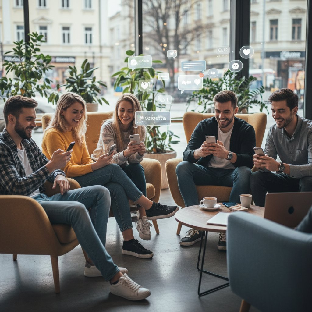 Grupa młodych polskich użytkowników rozmawia z AI przez smartfony, uśmiechnięci, w nowoczesnym wnętrzu