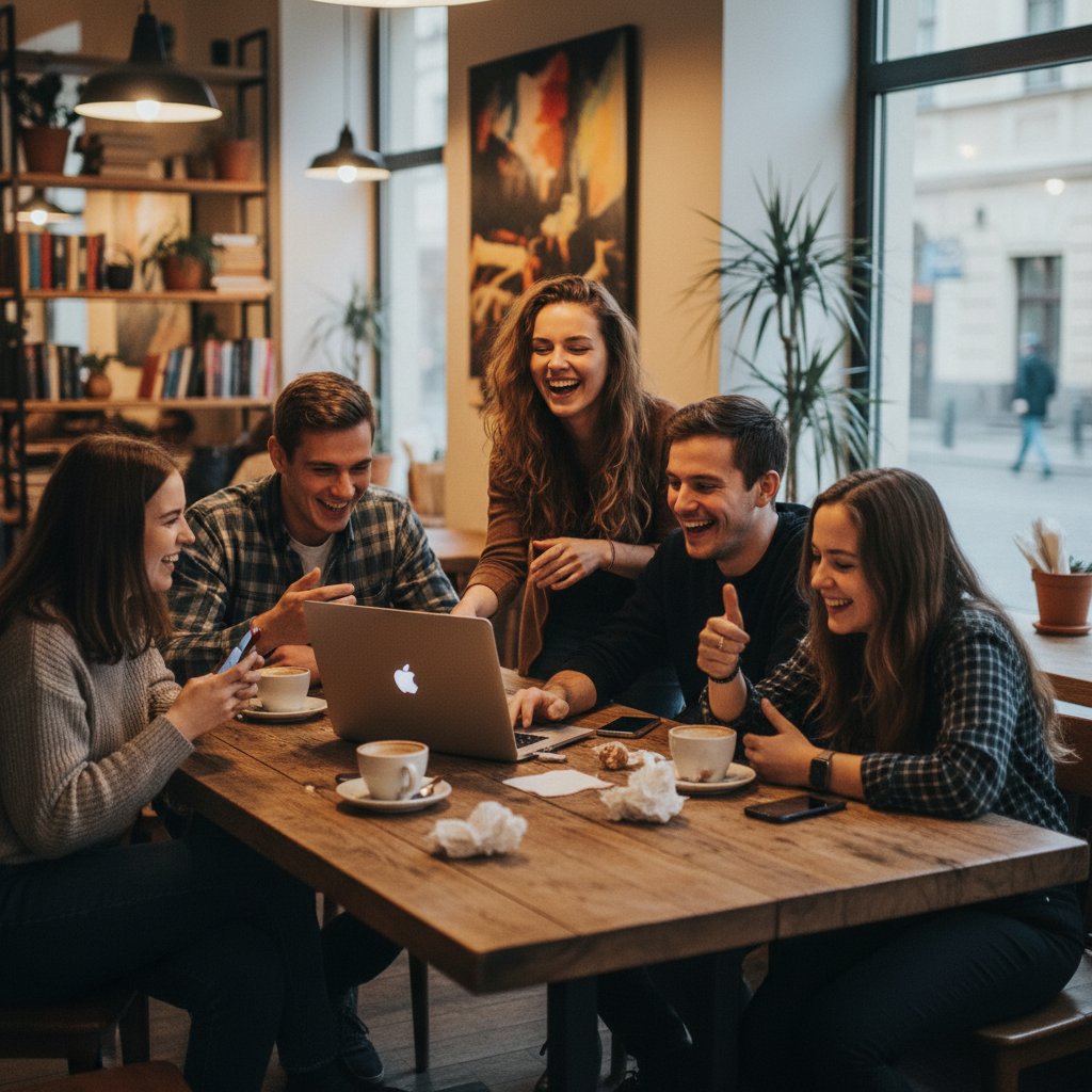 Młodzi Polacy dyskutujący w kawiarni, laptopy, żarty, polski klimat rozmowy online