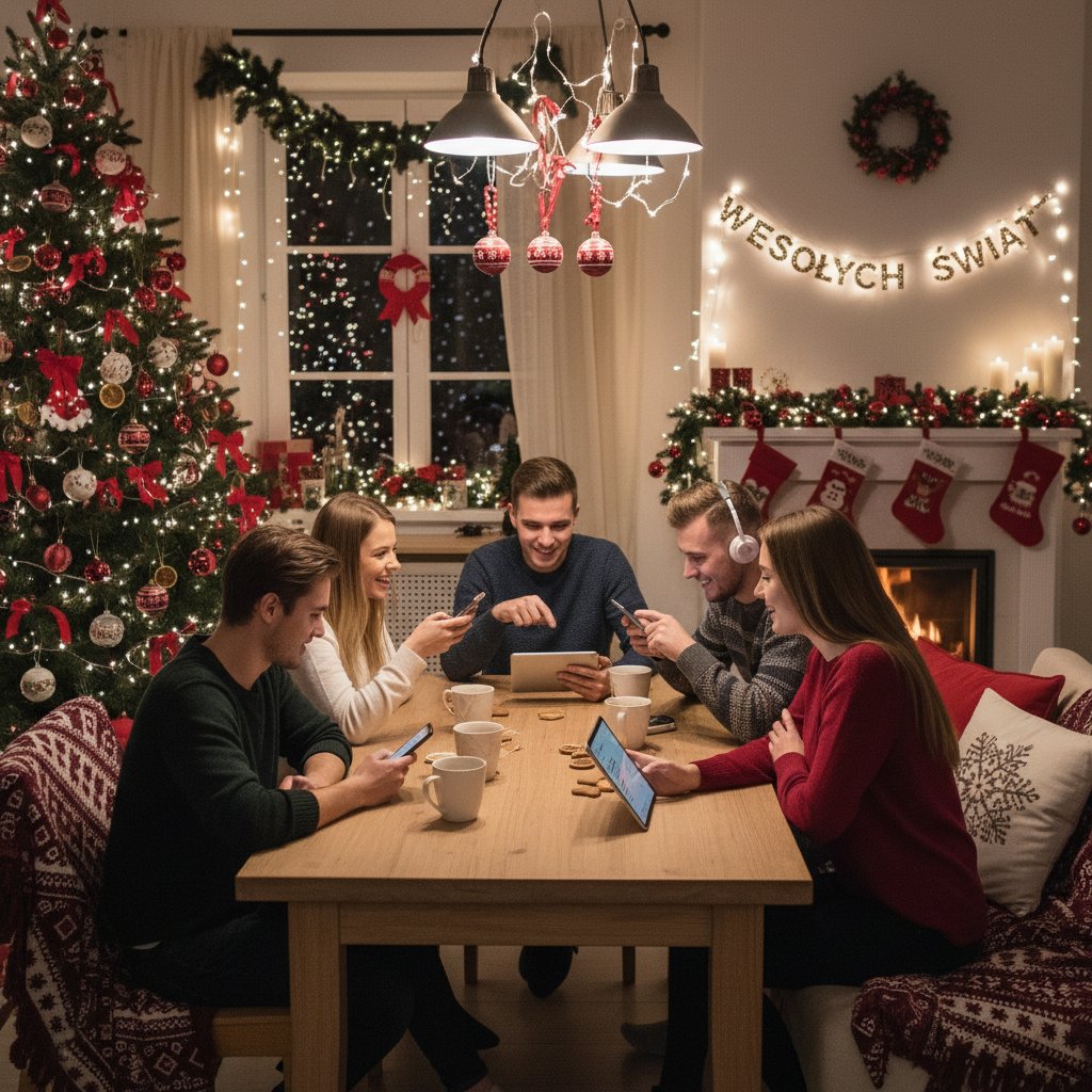 Grupa młodych Polaków rozmawiająca online przez laptopa, świąteczne dekoracje