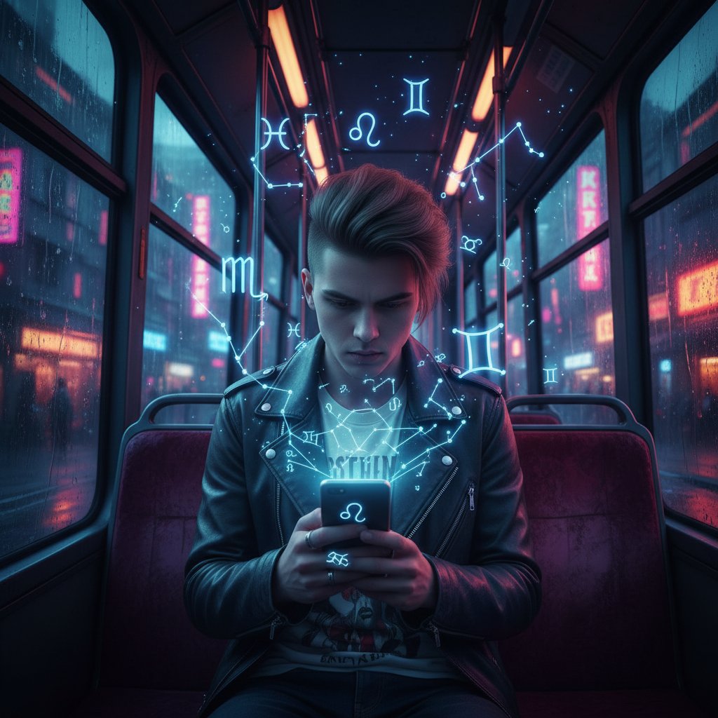 Młody Polak czytający horoskop na smartfonie w tramwaju o zmierzchu, otoczony miejskimi światłami i symbolicznymi konstelacjami znaków zodiaku