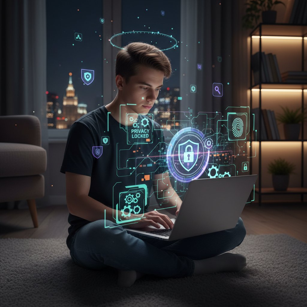 Młoda osoba w Polsce szukająca porad seksualnych online, siedząca samotnie przy laptopie z delikatną poświatą ekranu