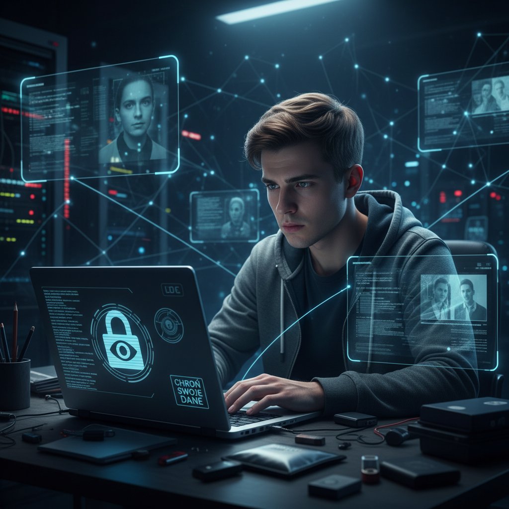 Młoda osoba patrząca na ekran laptopa, w tle subtelne motywy nadzoru cyfrowego