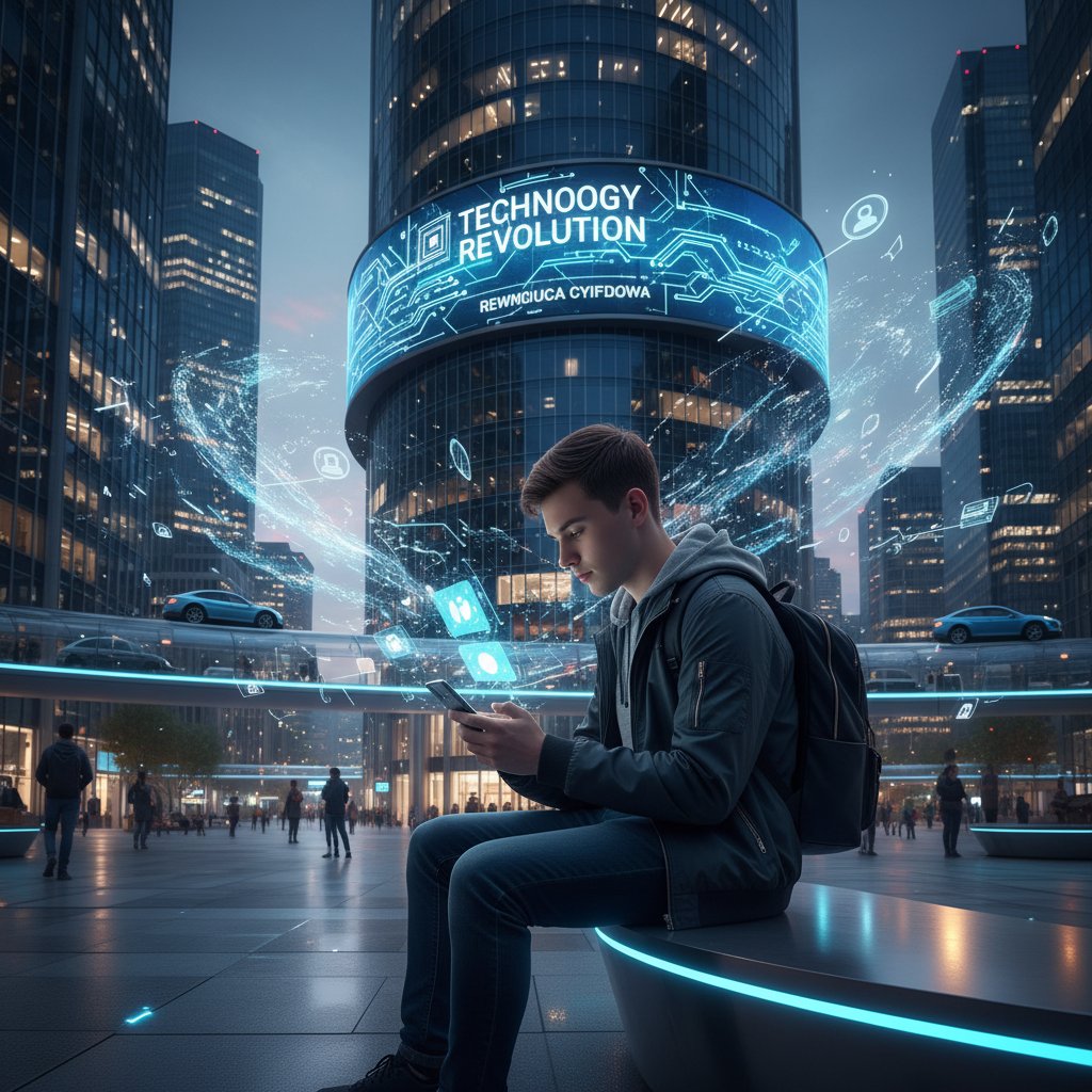 Polska młoda osoba korzystająca ze smartfona i chatbota AI na tle miejskiego pejzażu, symbolizującego rodzimą rewolucję technologiczną