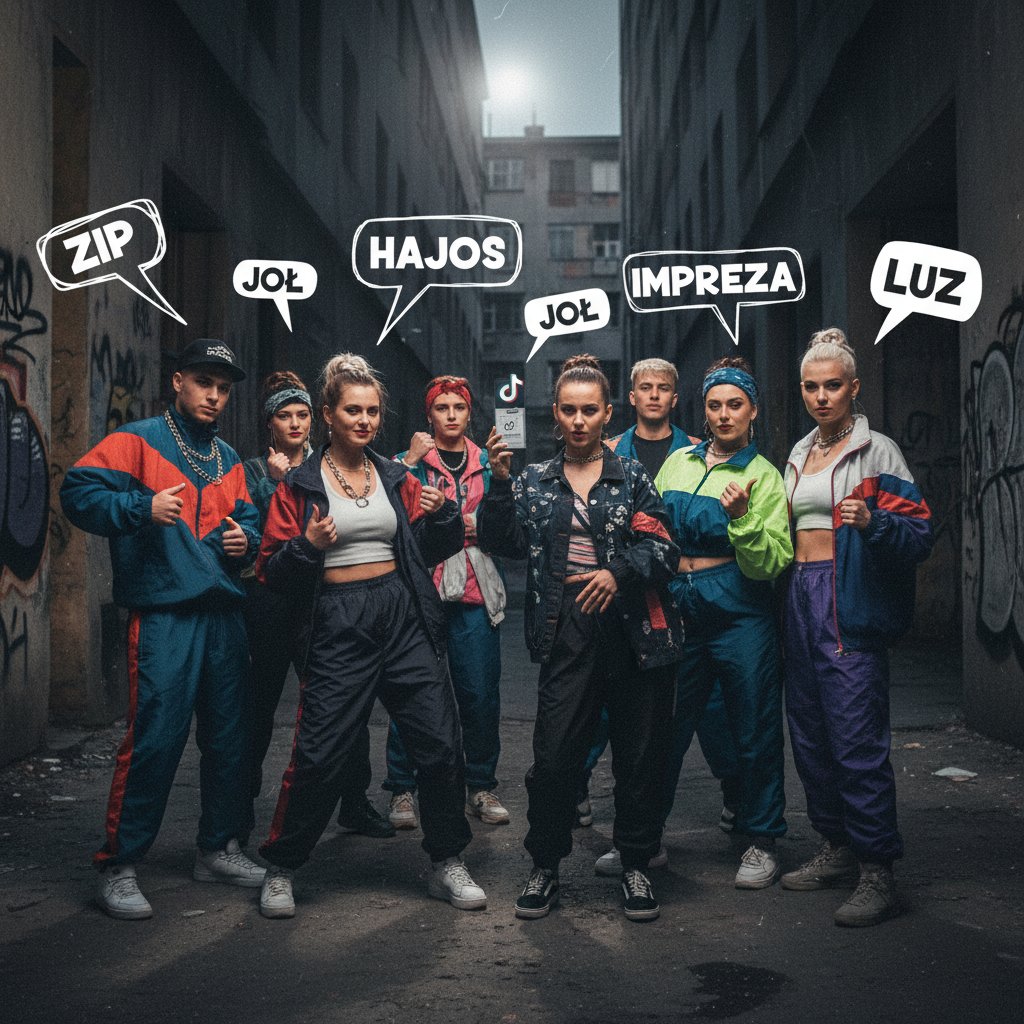 Czarno-białe zdjęcie młodzieży z lat 90. obok kolorowej grupy z TikToka, kontrast stylów i języka