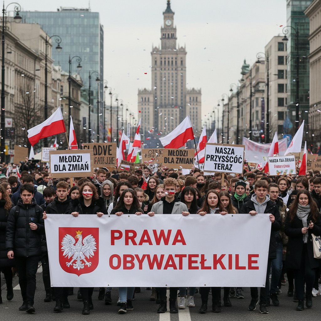 Młodzi aktywiści podczas akcji społecznej, trzymający transparenty i rozmawiający o prawach obywatelskich