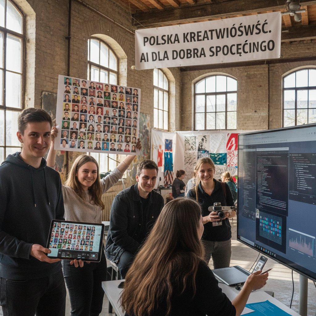Grupa młodych ludzi w Polsce korzysta z AI do tworzenia kreatywnych projektów społecznych