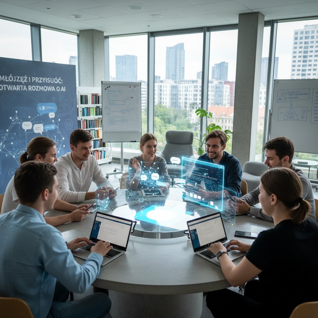 Polska młodzież dyskutująca o AI, z widocznym laptopem i symbolem Claude – motyw otwartej przyszłości i dialogu