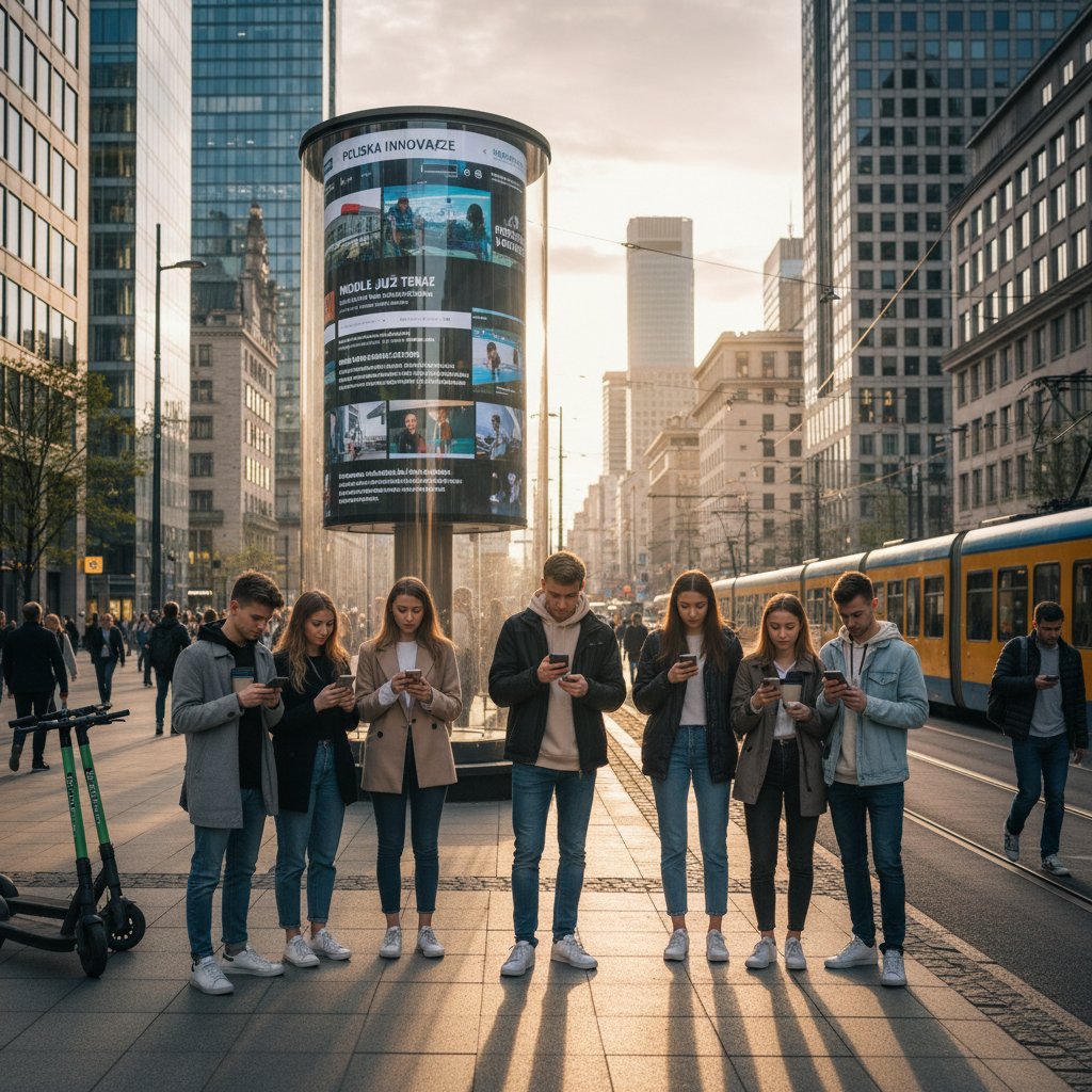 Młodzi Polacy konsumują wiadomości na smartfonach, w tle dynamiczne miasto, nowoczesny styl życia