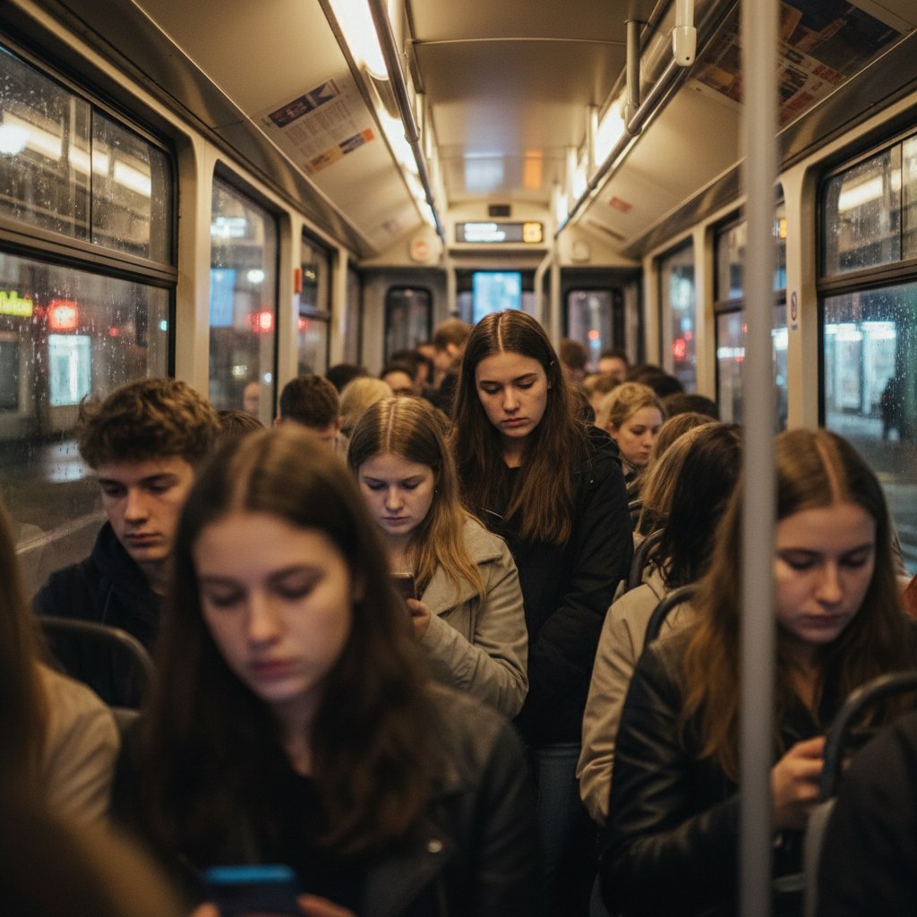 Młodzież w tramwaju, zamyślone twarze, miejskie światła – obraz samotności w tłumie