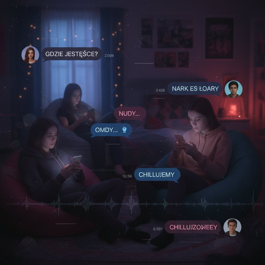 Polska młodzież rozmawiająca online przez czat, przyciemnione światło, nowoczesny pokój