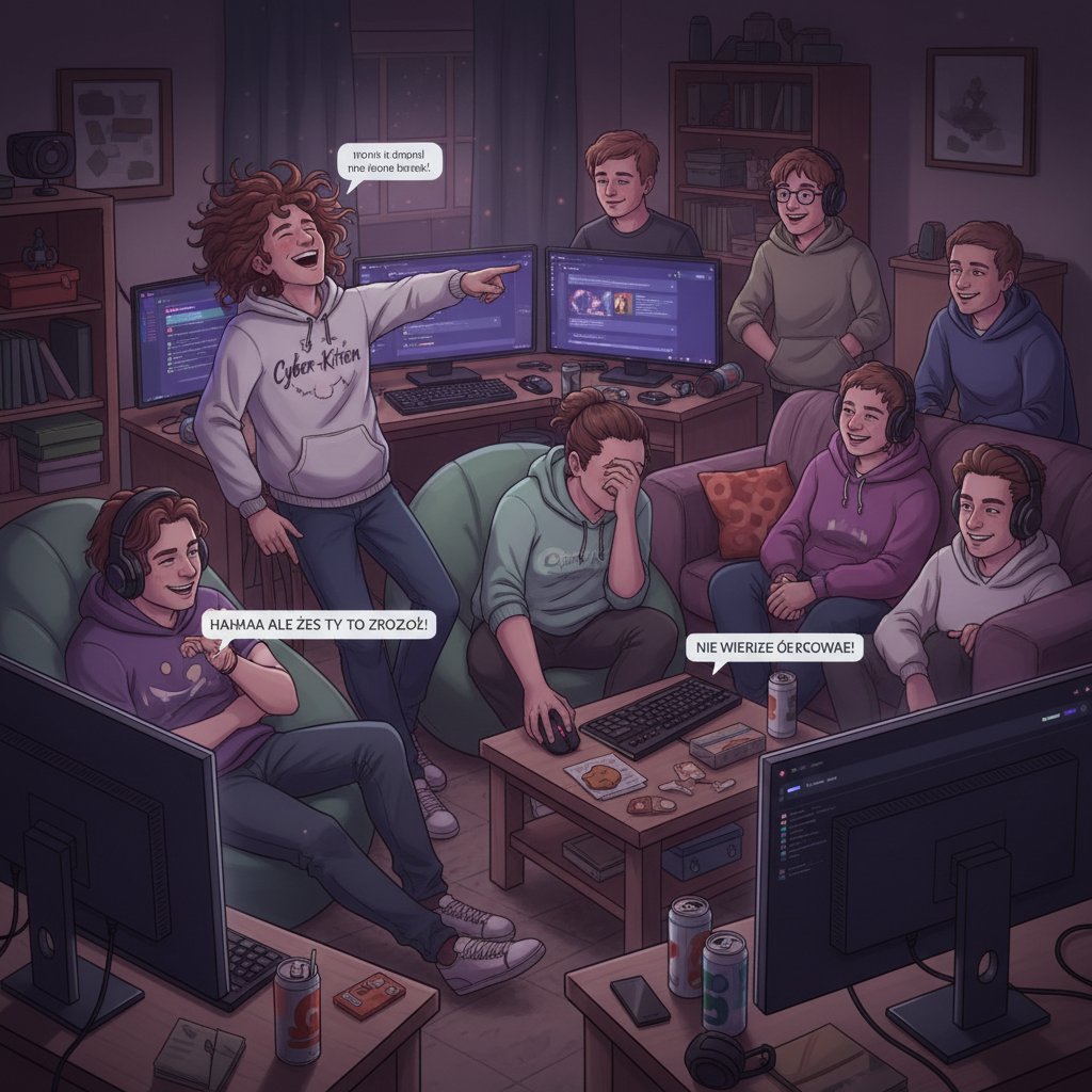 Młodzi Polacy na Discordzie, ekrany komputerów, gestykulacja, śmiech, atmosfera nieformalności