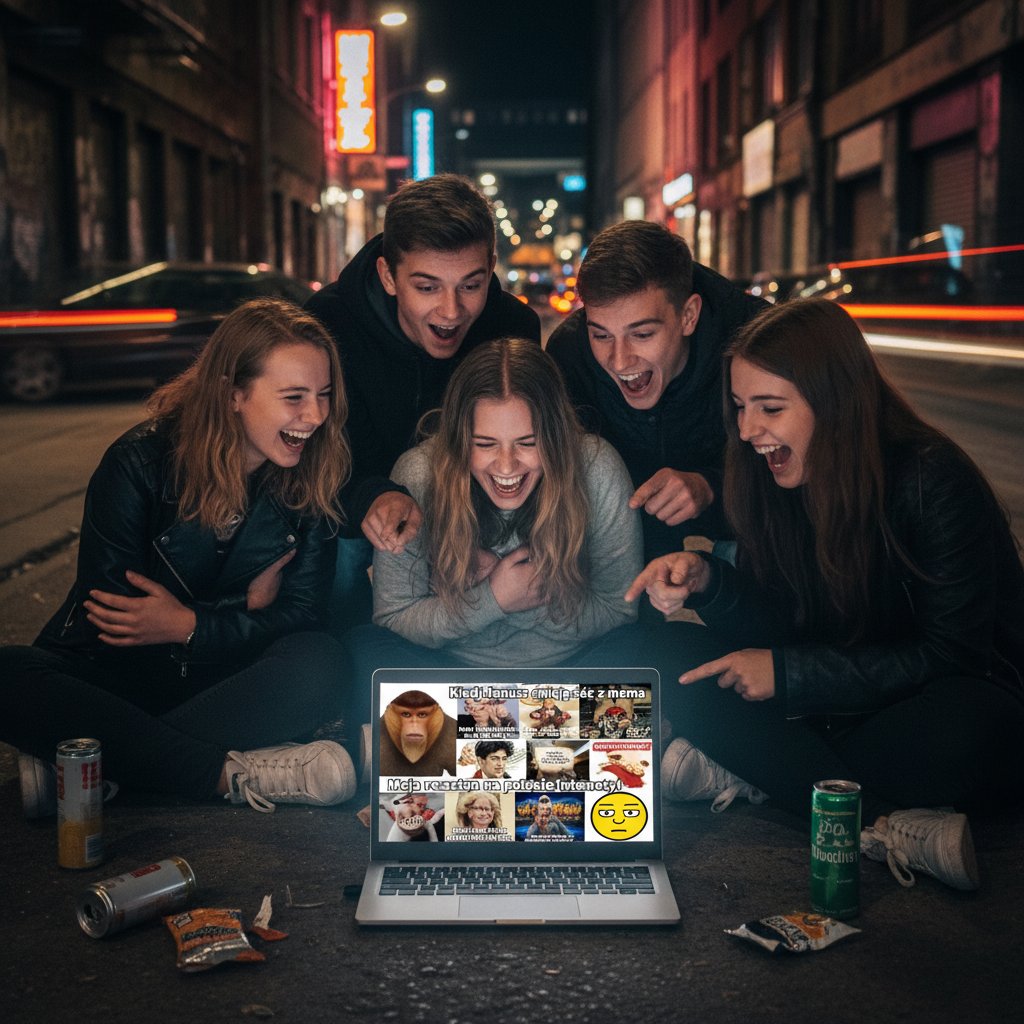 Grupa młodych Polaków dzieli się memami podczas rozmowy online, komputer w centrum – emocje i autentyczność