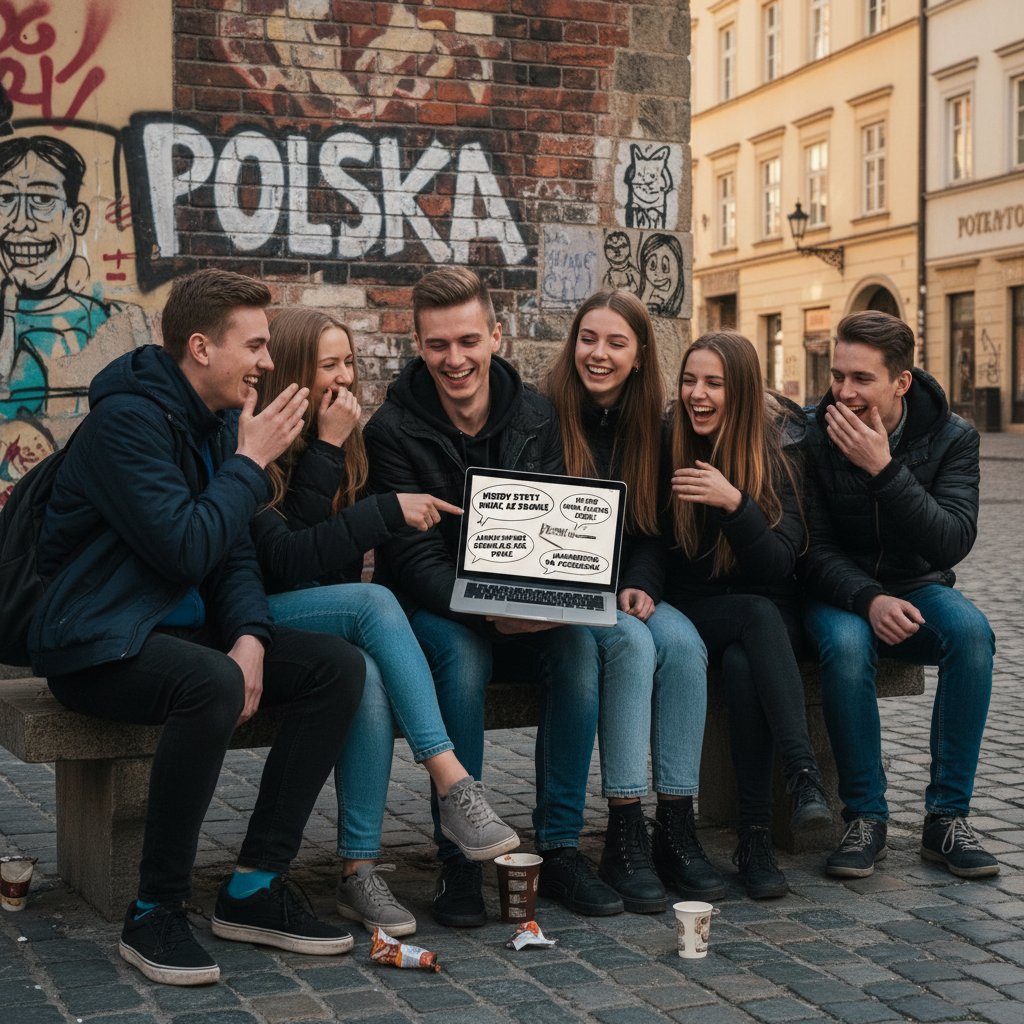 Grupa młodych Polaków żartujących przy laptopie, klimat ulicznego luzu i śmiechu