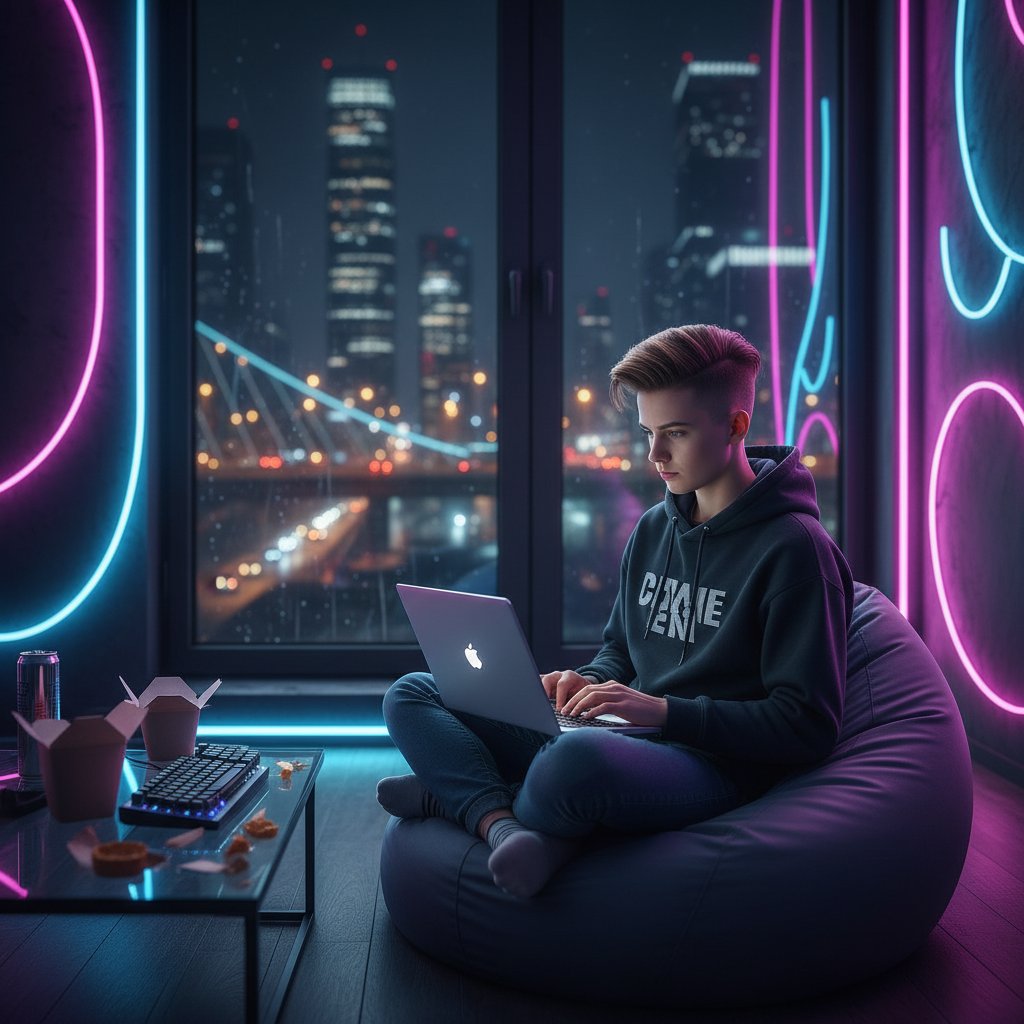 Młody Polak rozmawiający online w nowoczesnym, neonowym wnętrzu – symbol samotności i cyfrowej bliskości