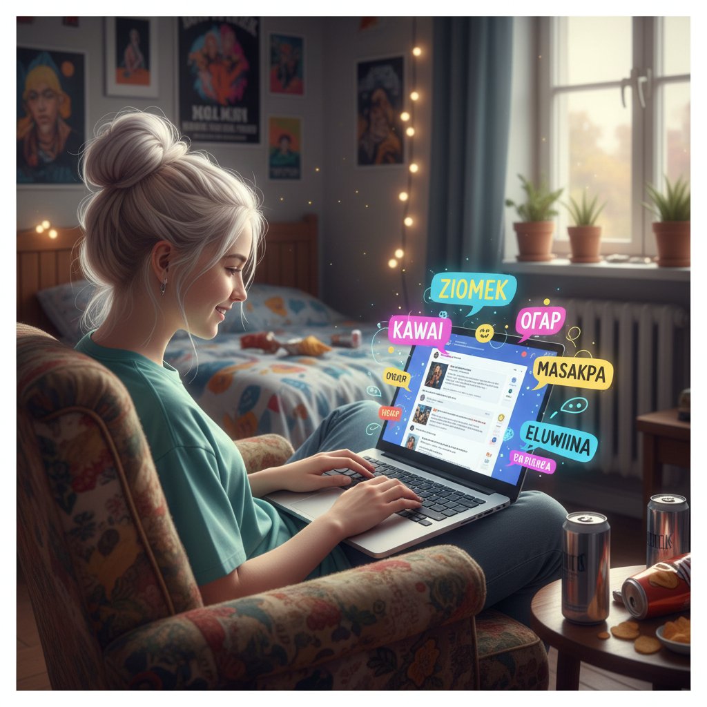 Młodzież siedząca przy laptopach, każda osoba korzysta z innej platformy społecznościowej, na ekranach pojawiają się popularne zwroty slangowe