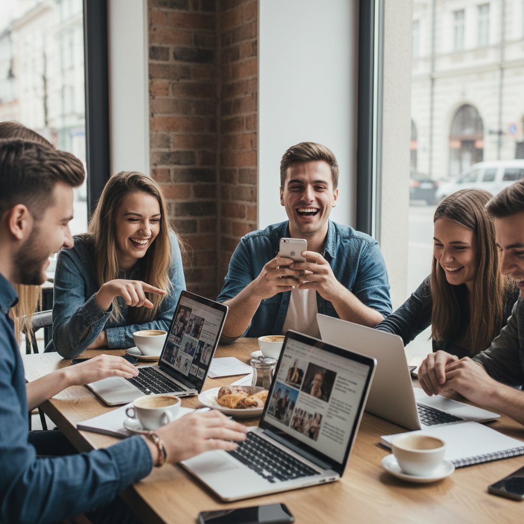 Polska młodzież śmieje się w kawiarni podczas wspólnej rozmowy online na laptopach, memy na ekranach