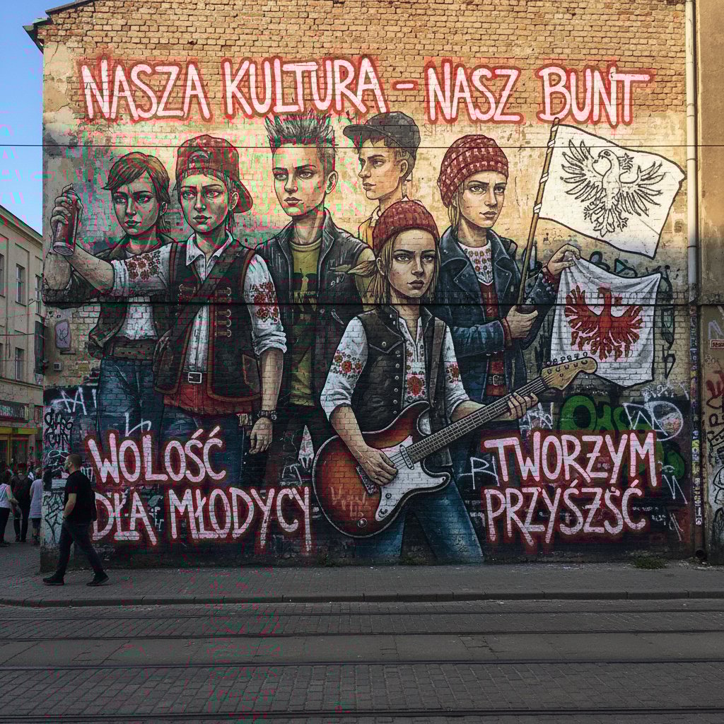 Młody Polak na tle murali z hasłami społecznymi, symbolizujący bunt kulturowy i społeczny