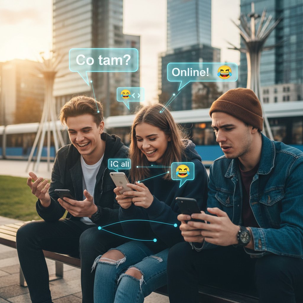 Młodzi Polacy rozmawiający online na smartfonach w miejskiej przestrzeni