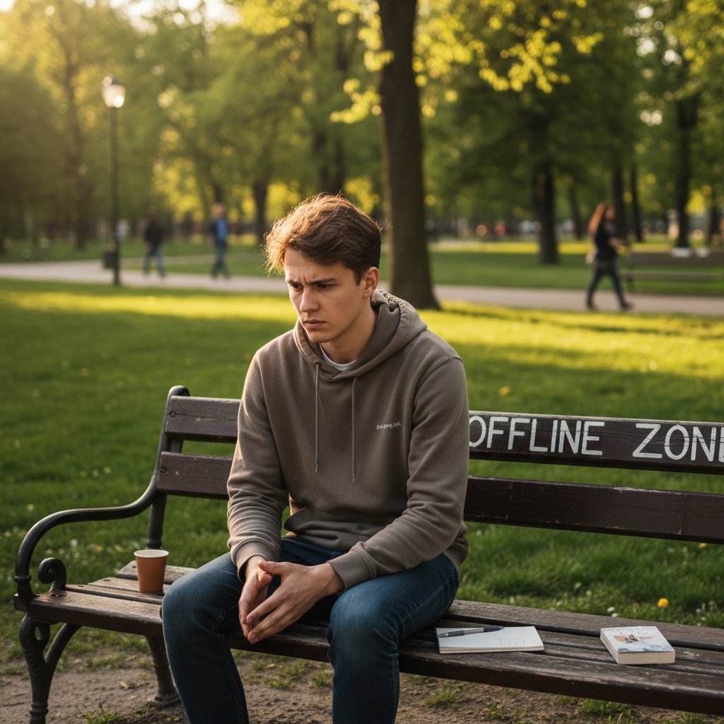 Młoda osoba zamyślona na ławce w parku, bez telefonu, rozważająca rozrywkę offline