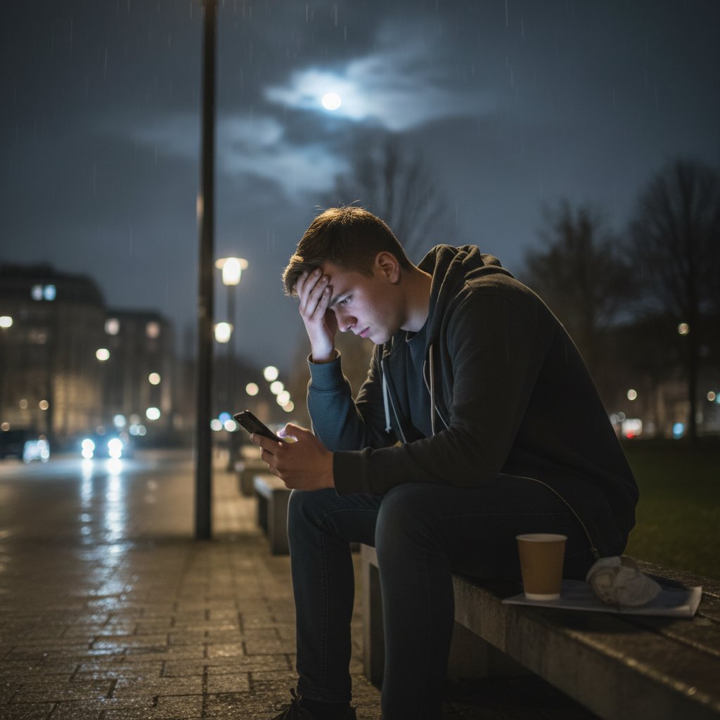 Pokolenie presji: młoda osoba wpatrzona w telefon w ciemnym pokoju, światło ekranu odbija się na twarzy, keywords: młodzi, stres, media społecznościowe