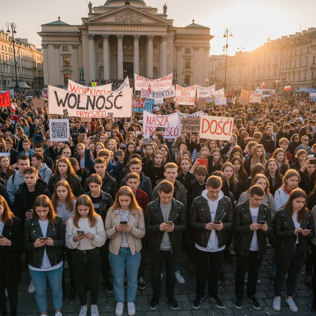 Polska młodzież na proteście, banery, telefony w rękach, cyfrowa obywatelskość
