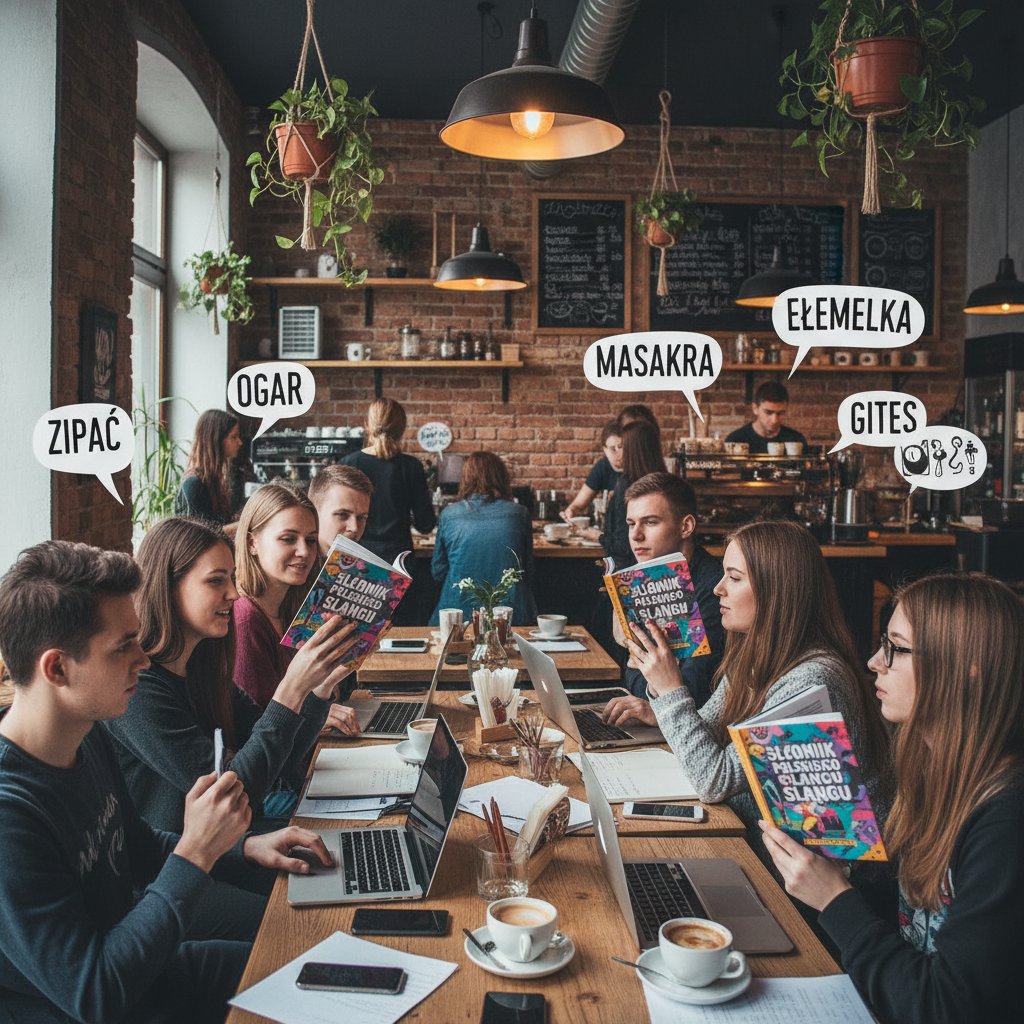 Kolorowa kartka ze słownikowymi hasłami slangowymi, otoczona przez młodzież w kawiarni