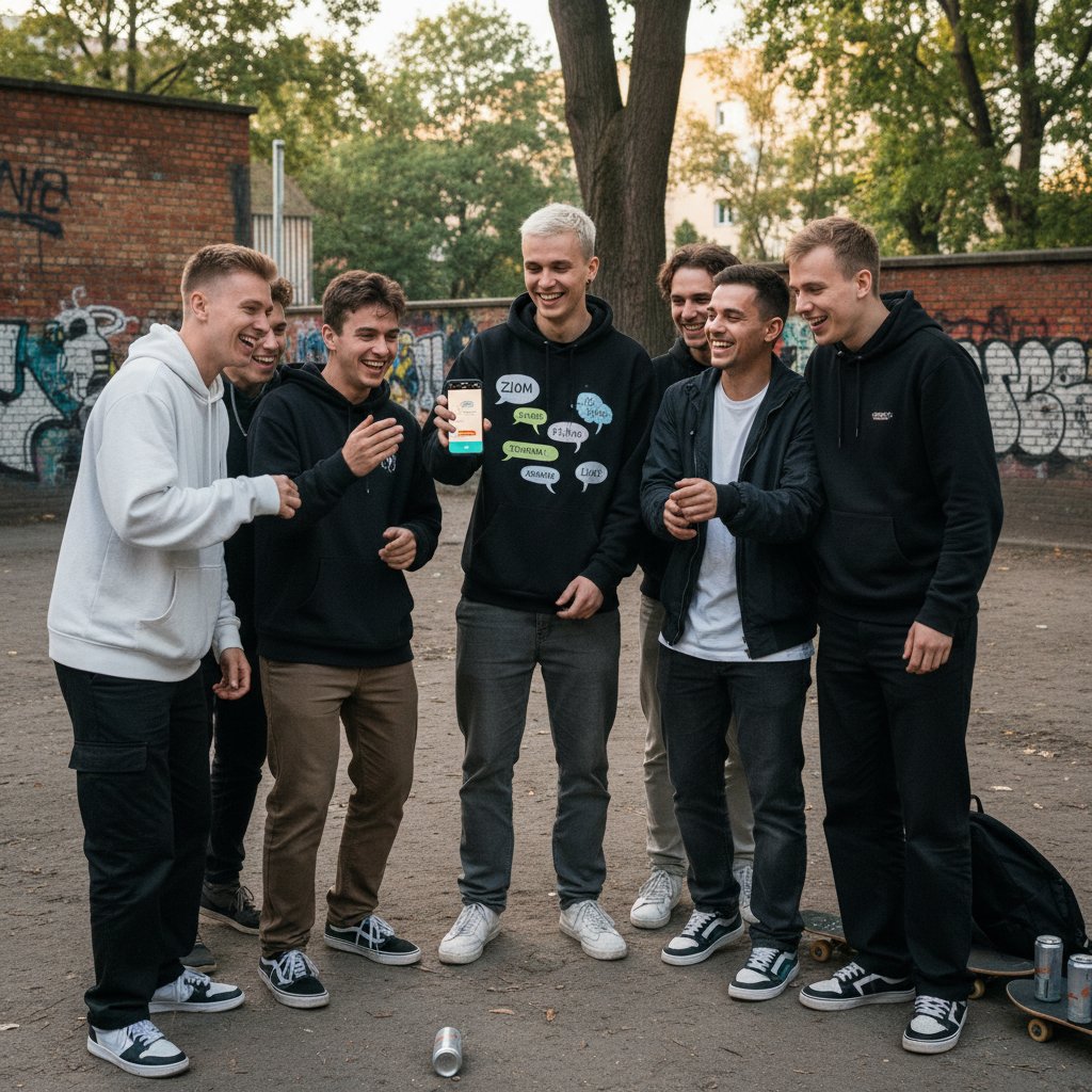 Młody człowiek rozmawia z chatbotem na smartfonie, w ekranie widać polskie wyrażenia slangowe, atmosfera luzu i humoru