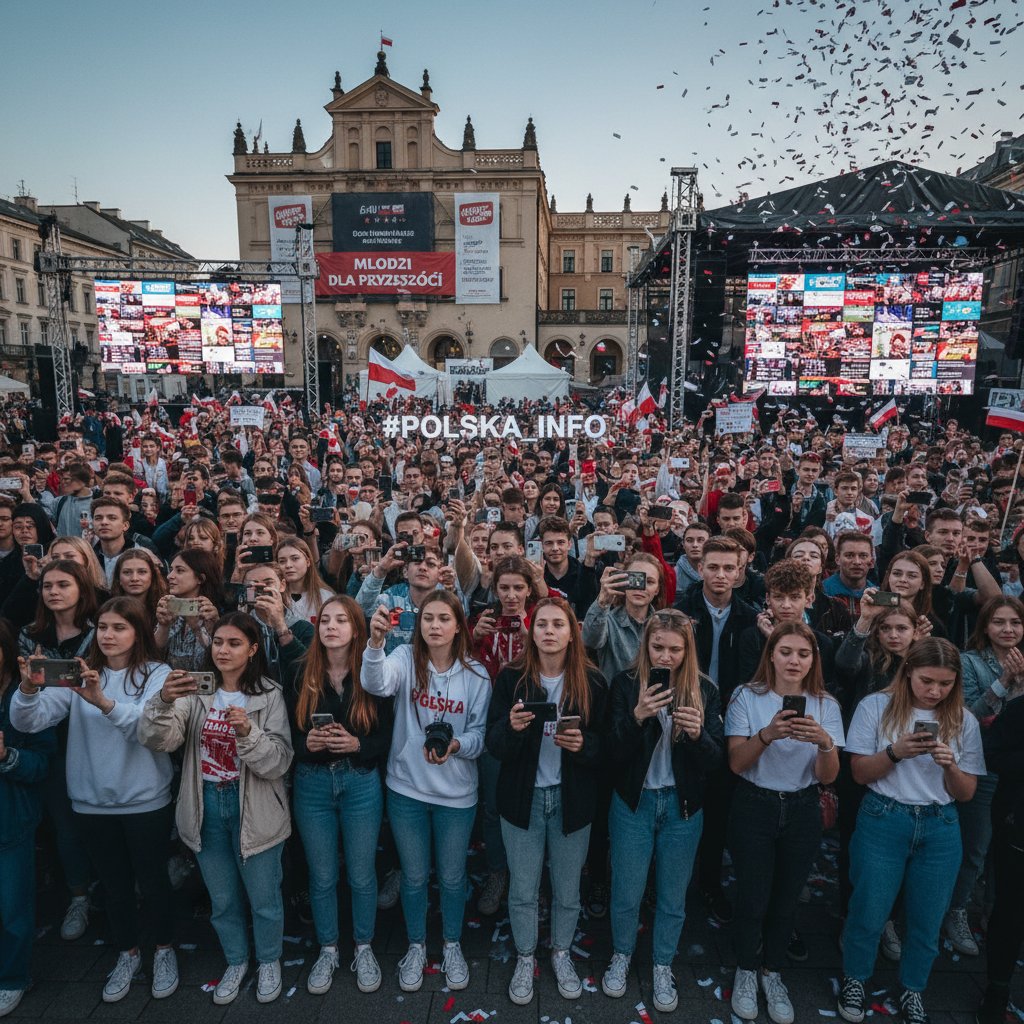 Polska młodzież korzystająca ze smartfonów na wiecu społecznym, dokumentująca wydarzenie