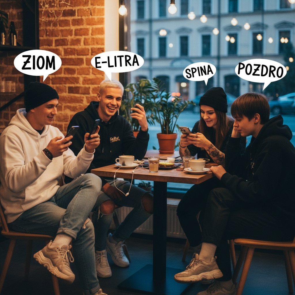 Grupa młodych ludzi w kawiarni, wymieniająca się żartami na smartfonach, w tle widoczne są kolorowe dymki z polskim slangiem internetowym