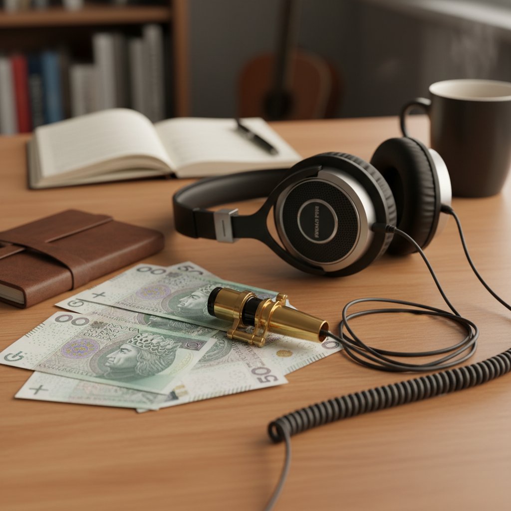 Banknoty, ustnik saksofonu i słuchawki na biurku jako symbol kosztów nauki