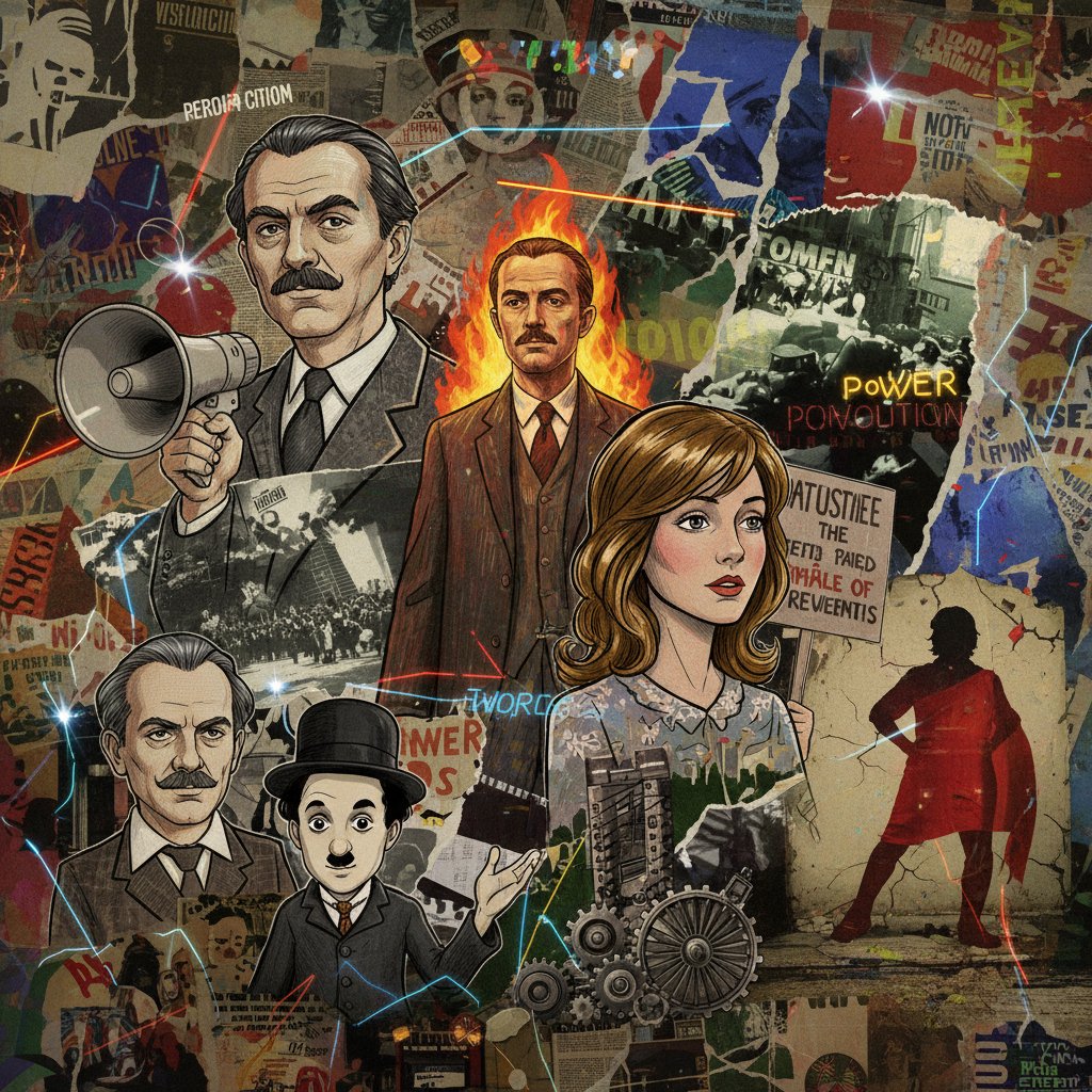 Surreal, collage-like scene showing animated and live-action movie icons sharing a screen, playful and layered, symbolizing genre diversity in political cinema