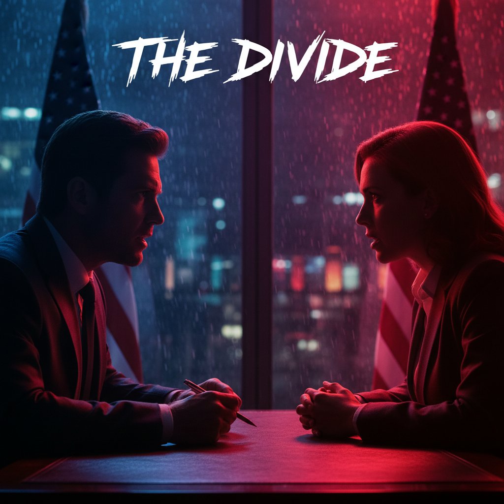 Vivid use of color in a political film scene, high-contrast red and blue lighting during a tense dialogue