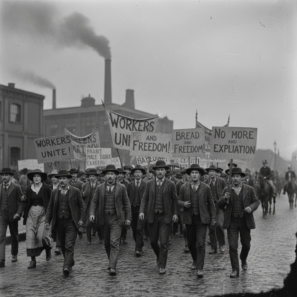 Early political film scene showing actors staging a protest, grainy black-and-white, period dress, dramatic lighting, early 20th-century city