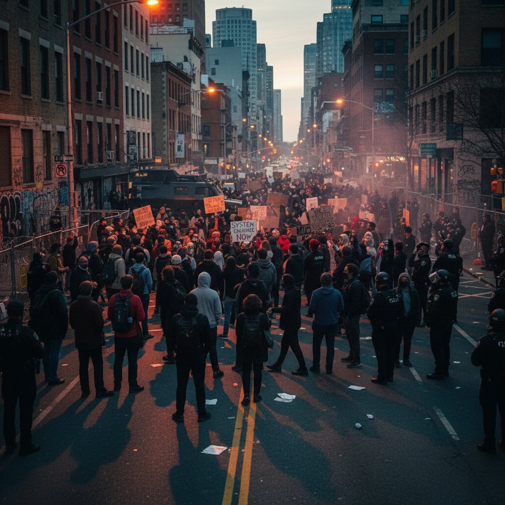 A protest in a city at dusk, with banners and diverse crowd, edgy political atmosphere