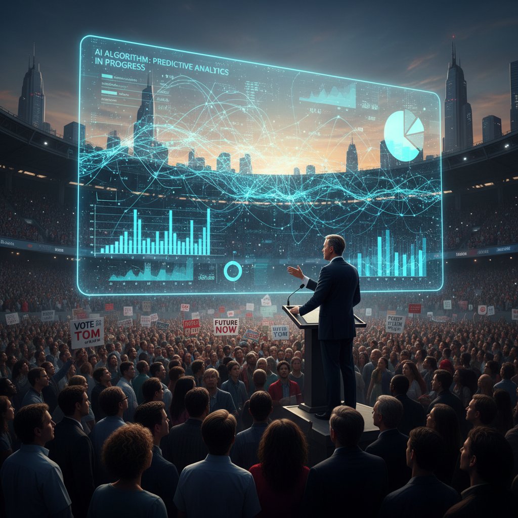 Polityk przemawiający do tłumu, obok ekran z algorytmem AI