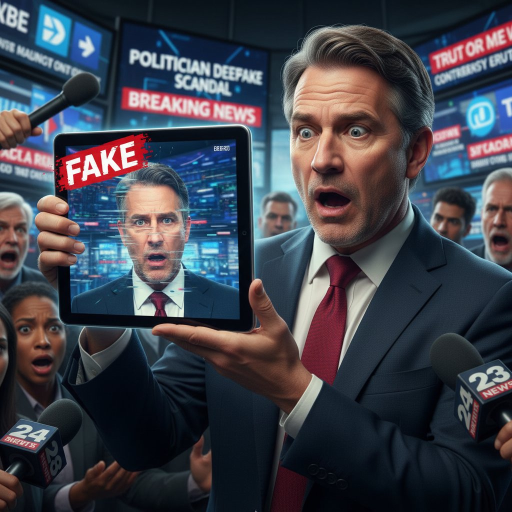 Polityk oglądający deepfake wywiad na tablecie