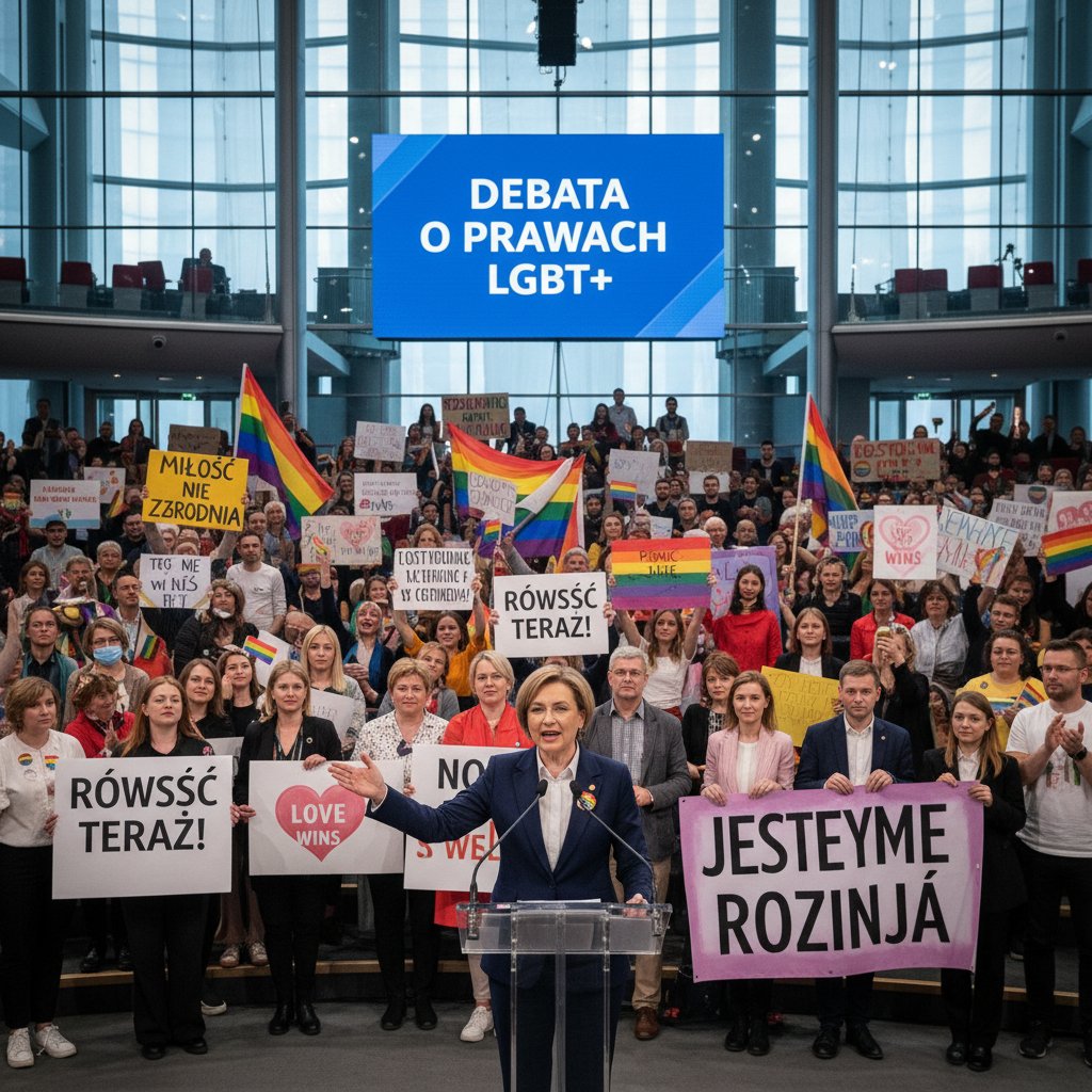 Polityk przemawiający podczas debaty o prawach LGBT, tłum, emocje, transparenty