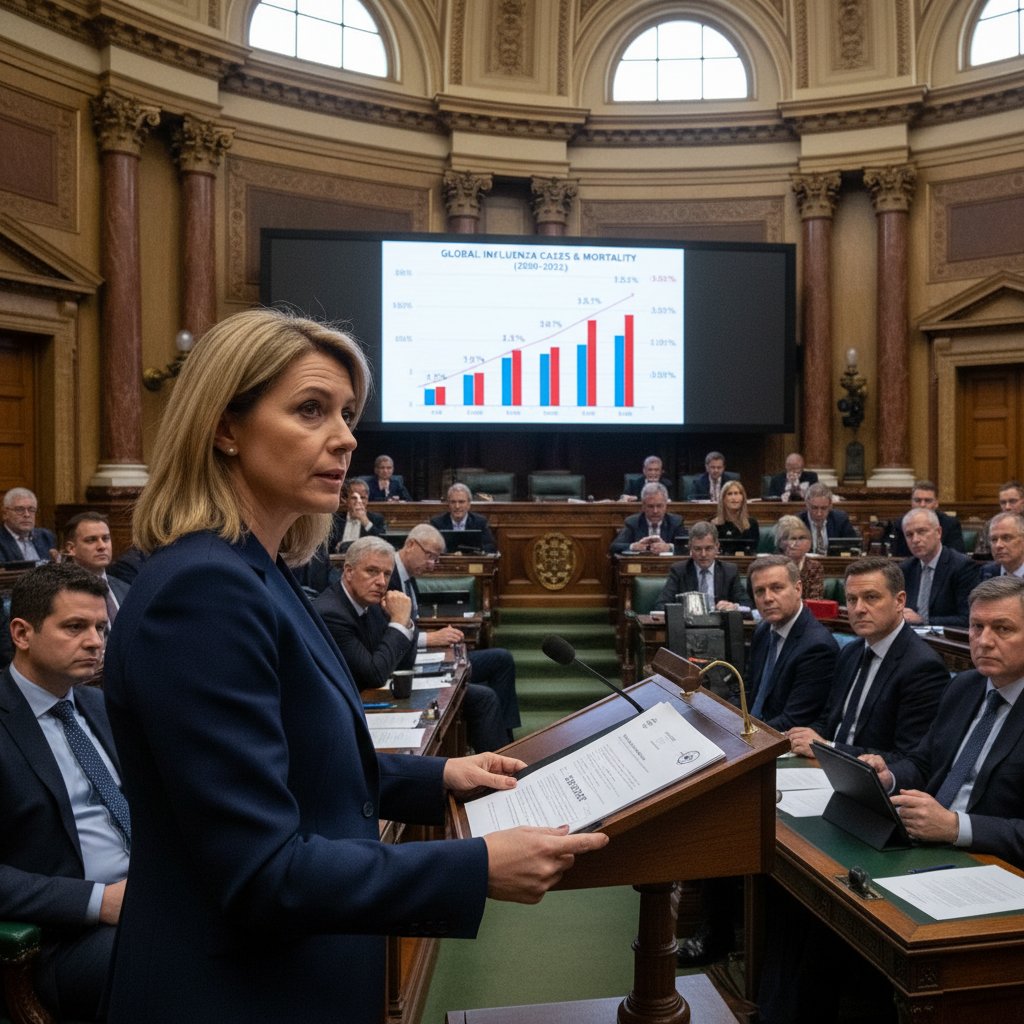 Parlamentarzysta przemawiający podczas debaty zdrowotnej, w tle plansza z danymi o grypie