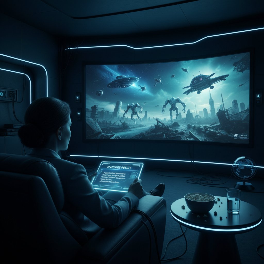 Politician watching a sci-fi film in dark room, representing the impact of AI movies on policy decisions