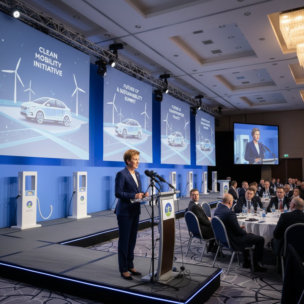 Politician discussing car policies at a conference