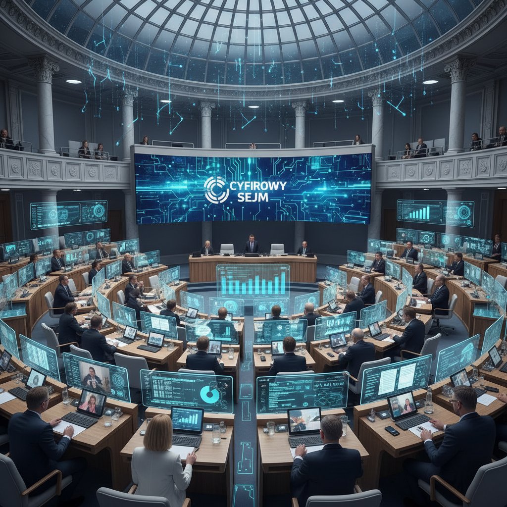 Politycy przy komputerach podczas obrad, cyfrowe ekrany z logo Sejmu RP