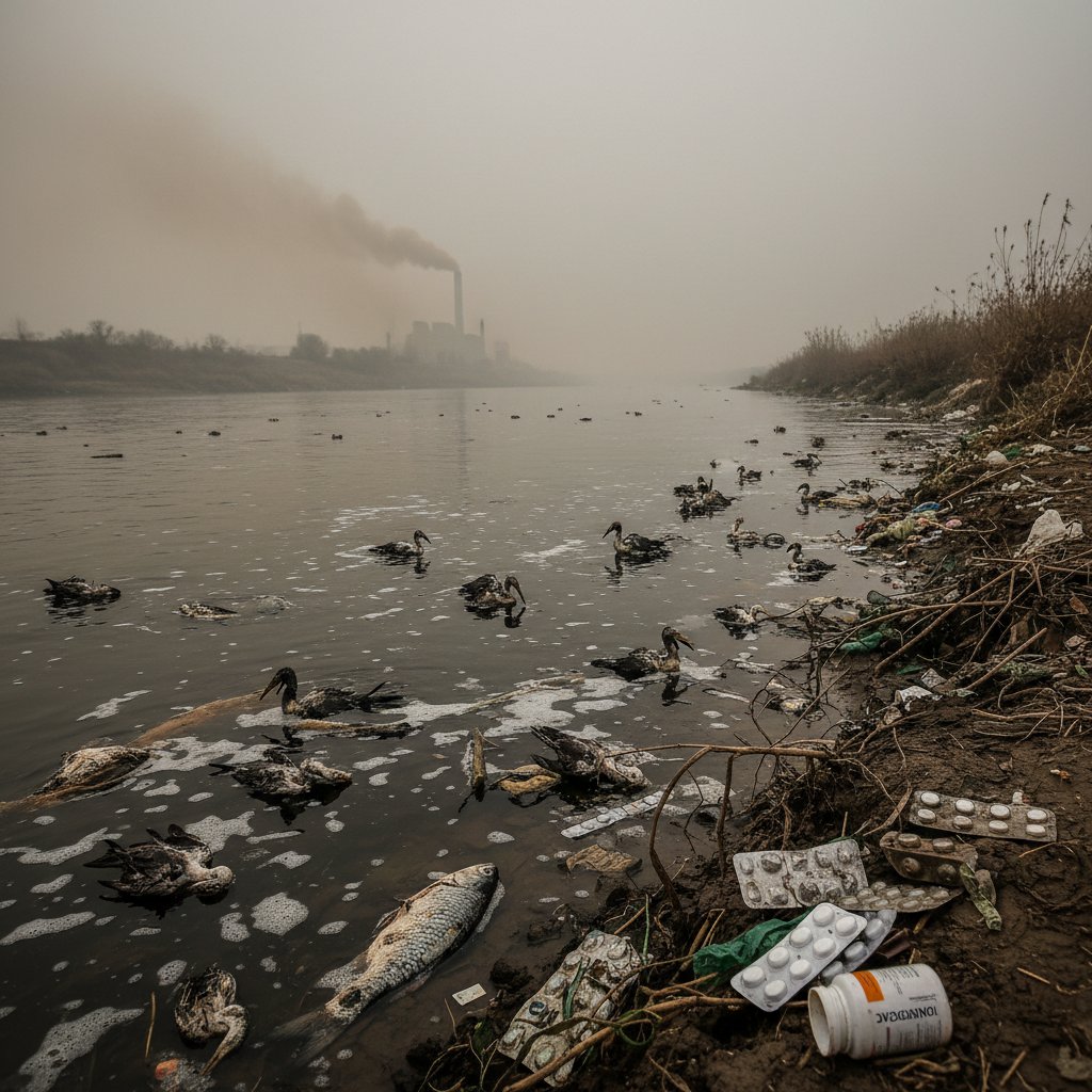 Zanieczyszczona rzeka i martwe ptaki – ilustracja wpływu diklofenaku na środowisko