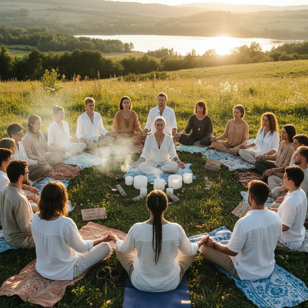 Polyamorous and queer couples practicing mindfulness together, sharing a mindful moment at a gathering. Relationship mindfulness exercises for couples.