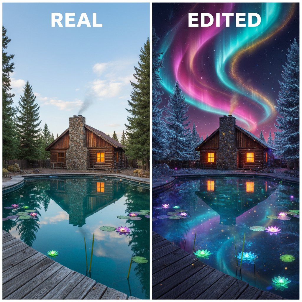 Przykładowa różnica między rzeczywistym a podrasowanym zdjęciem domku z basenem