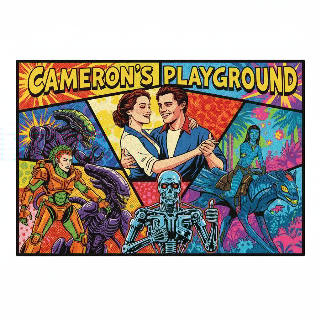 Pop-art mashup of iconic Cameron movie characters, playful, 16:9 format