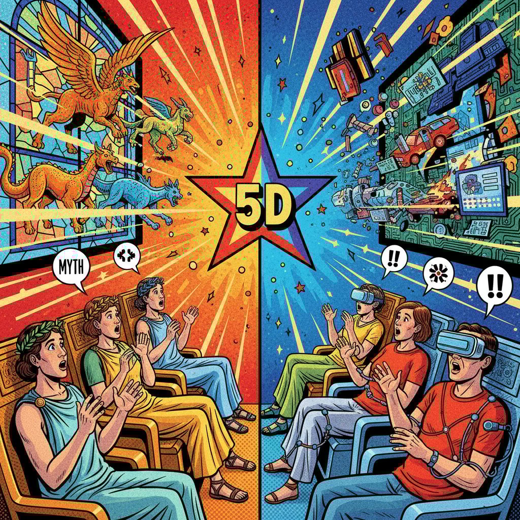 Pop-art style photo contrasting audience reactions—bored teens vs. excited adults—in a split-screen 5D cinema