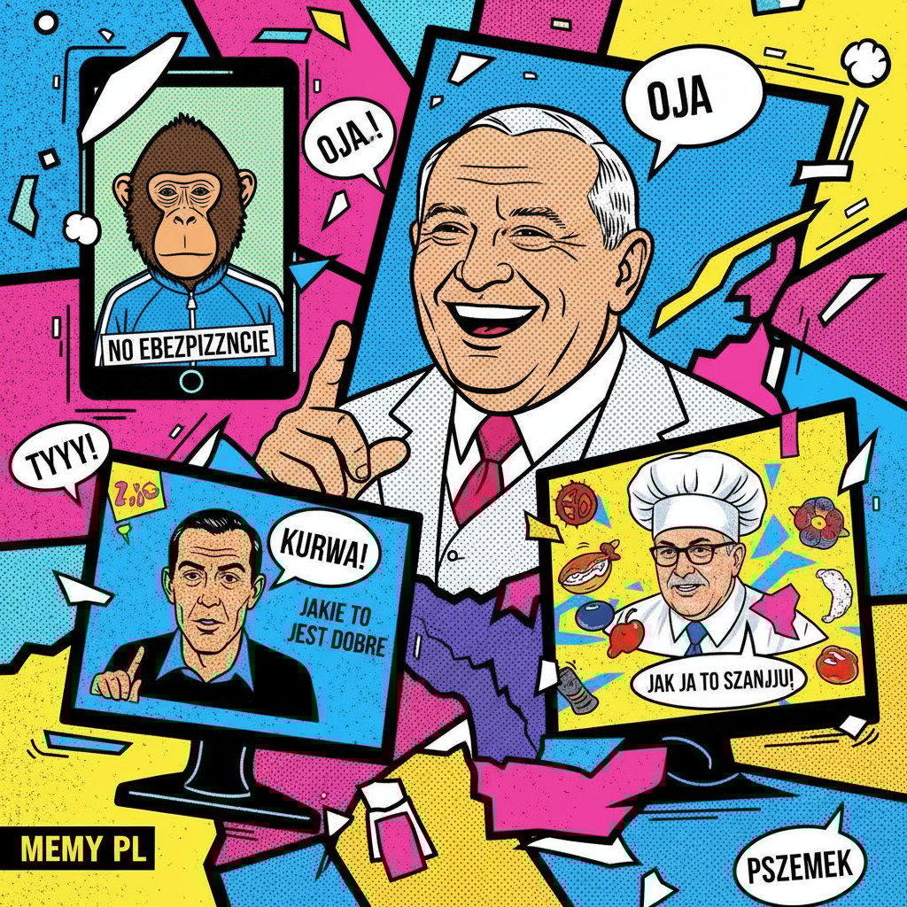 Kolaż polskich memów i ekranów cyfrowych, rozmowy online poprawiające humor