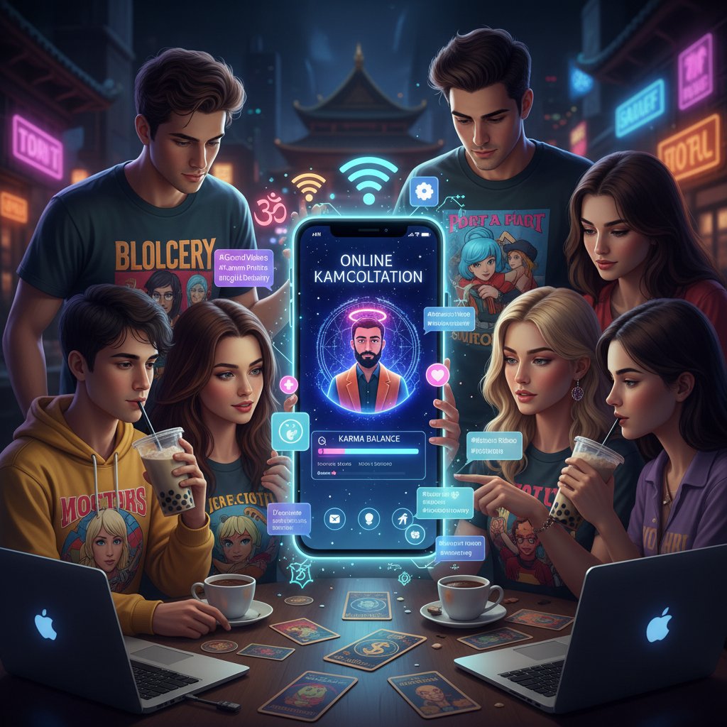 Symbolbild: Popkulturelle Darstellung von Online-Karma-Beratung, junge Menschen mit Smartphone und spirituellen Symbolen